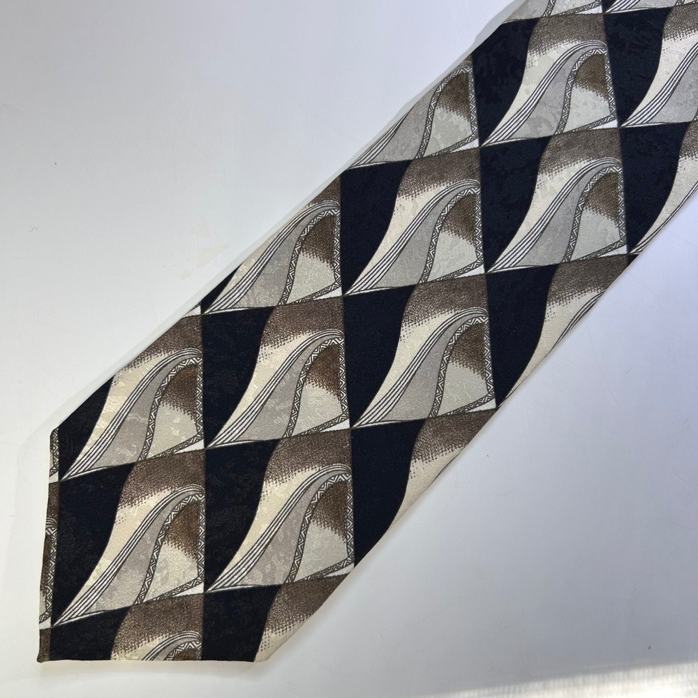 Vintage Repp Ltd Men Extra Long Silk Tie Geometric Abstract Black Brown Handmade